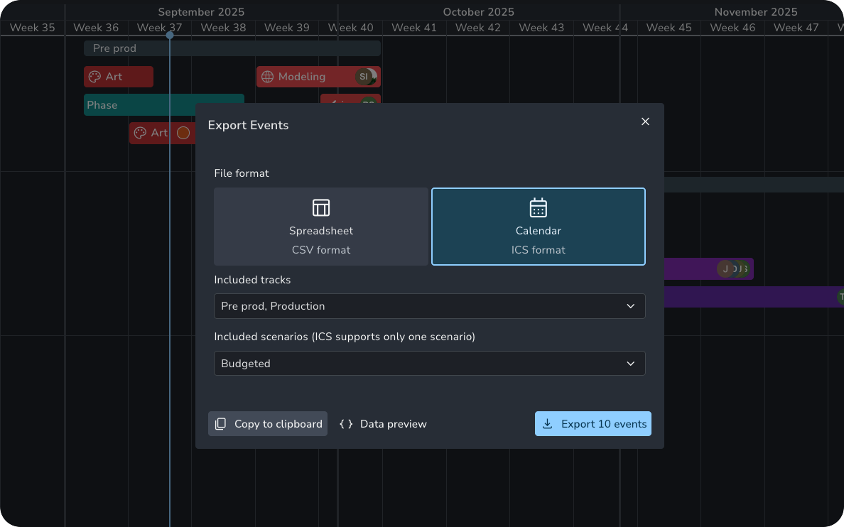 AYON Planner Addon 'Export Events' modal dialog showing options for file formats, including 'Spreadsheet (CSV format)' and 'Calendar (ICS format)'. UI elements allow users to select 'Included tracks' (Pre prod, Production) and 'Included scenarios' (Budgeted). Bottom controls include 'Copy to clipboard', 'Data preview', and a primary 'Export 10 events' action button.