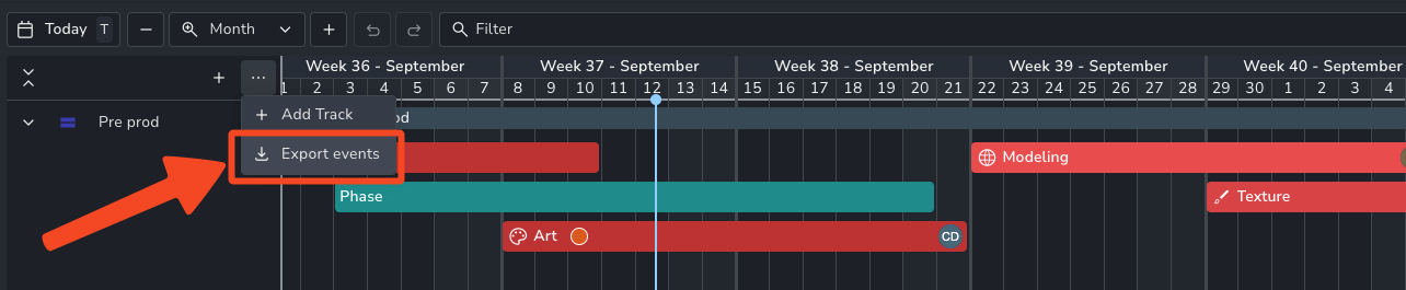 AYON Planner Addon interface demonstrating event exporting functionality. A red arrow and bounding box highlight the 'Export events' action within a context menu triggered from a project track.
