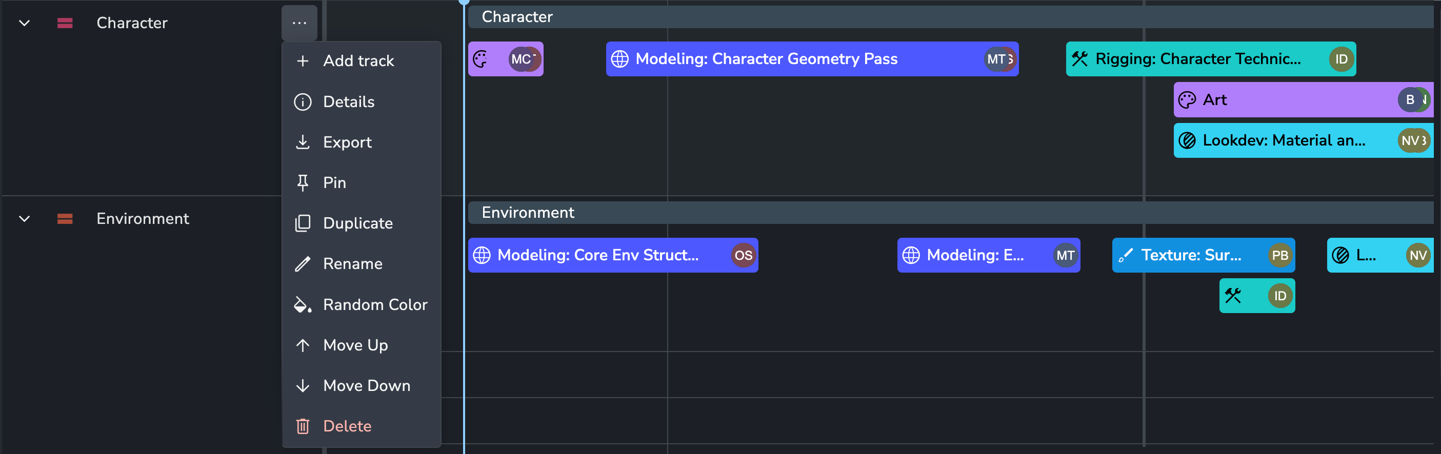 AYON Phase Planner interface demonstrating track management and organization. The left sidebar shows two parent tracks, "Character" and "Environment," with an active context menu open for "Character". The menu includes technical actions: Add track, Details, Export, Pin, Duplicate, Rename, Random Color, Move Up, Move Down, and Delete.