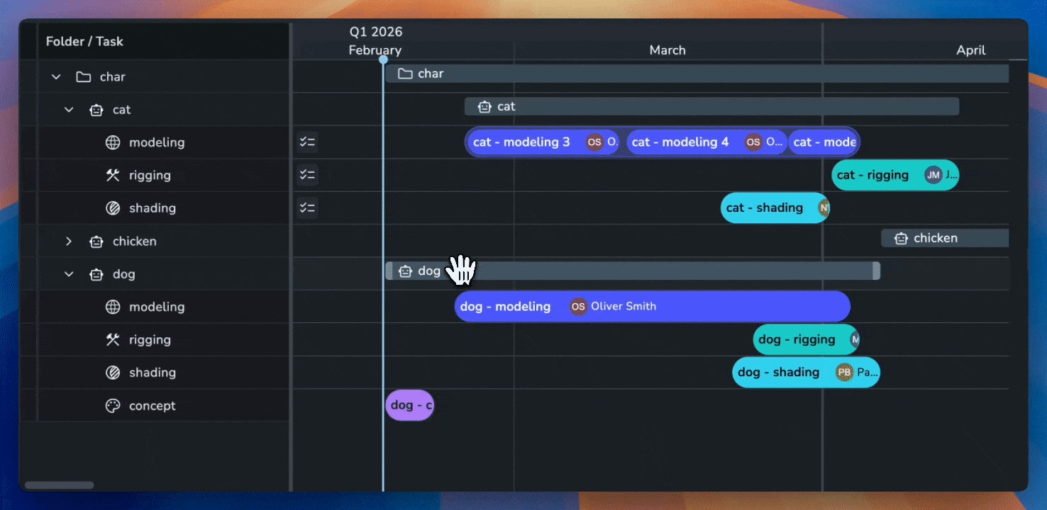 AYON Scheduler interface demonstrating folder aggregation bars on a Q1 2026 timeline. The left side displays a hierarchical folder structure for "char" containing assets "cat," "chicken," and "dog," each with associated modeling, rigging, and shading tasks. On the timeline, grey horizontal aggregation bars for the "char," "cat," and "dog" folders span the total duration of their underlying child tasks. A hand cursor is positioned over the "dog" aggregation bar, illustrating the interactive resizing capability. Colored task blocks (blue, teal, purple) representing specific assignments like "dog - modeling" and "cat - shading" are nested below their respective aggregation bars.