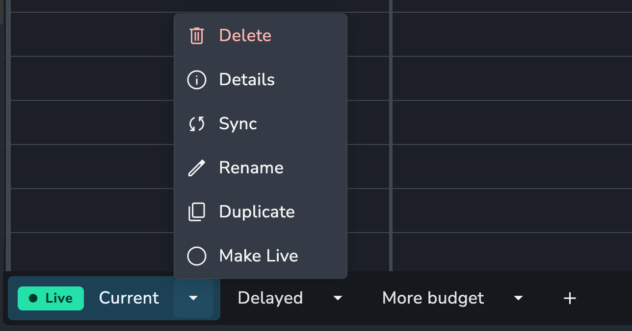 AYON Planner Addon interface showing scenario management controls. At the bottom of the UI, a tab bar displays multiple scenarios including "Current" (marked with a green "Live" badge), "Delayed", and "More budget". A context menu is open for the "Current" scenario, revealing administrative actions: Delete, Details, Sync, Rename, Duplicate, and Make Live. The background shows the dark-themed timeline grid common to the Phase Planner and Scheduler.