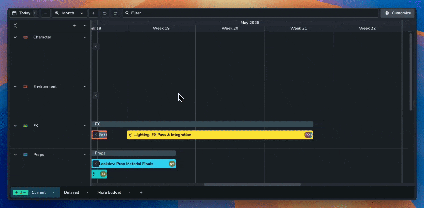 AYON Planner interface demonstrating the "Fit to View" navigation feature. The UI shows a dark-themed timeline with tracks for Character, Environment, FX, and Props. A cursor hovers over a teal event block titled "Lookdev: Prop Material Finals" within the Props track, while the keyboard shortcut "F" is being used. The timeline automatically adjusts its zoom level and horizontal scroll position to center and scale the specific event block within the viewport. Interactive zooming controls and the current zoom level, set to "Month," are visible in the top toolbar.