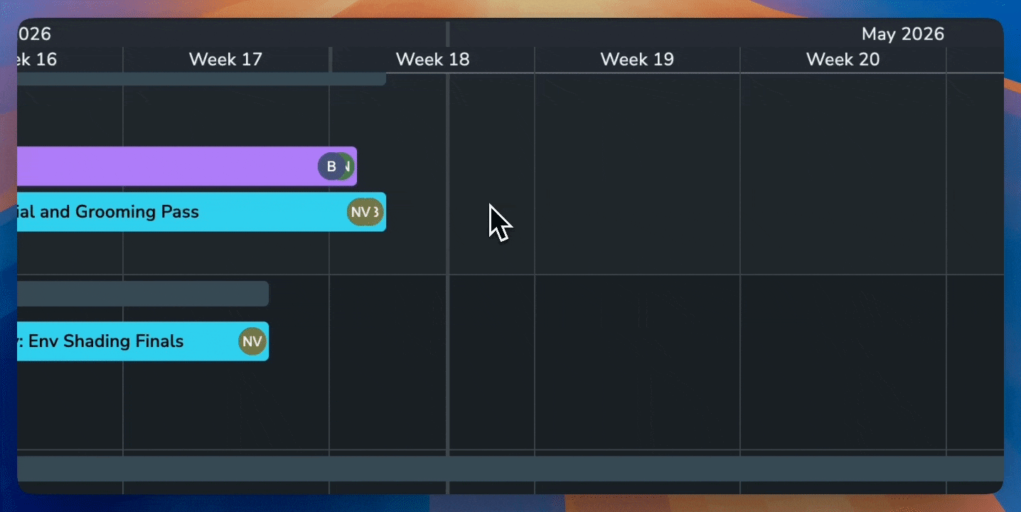 AYON Planner interface demonstrating event creation methods. A cursor is shown right-clicking on an empty area of the "Character" track, triggering a context menu with the option "Create Event." Simultaneously, the "S" key shortcut is highlighted as a toggle to enter "Creation Mode," where the cursor changes to a crosshair, allowing the user to click and drag to define the start and end dates of a new phase block.