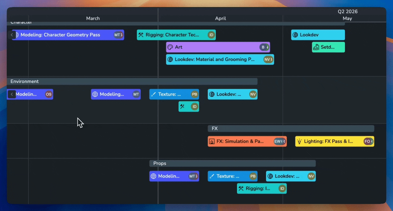 YON Planner interface demonstrating multi-event selection and movement. A cursor is shown performing a left-click and drag action to create a rectangular selection box across the timeline, highlighting multiple color-coded phase events across different tracks. Once selected, the user drags the group of events together, illustrating a synchronous shift of the production sequence.