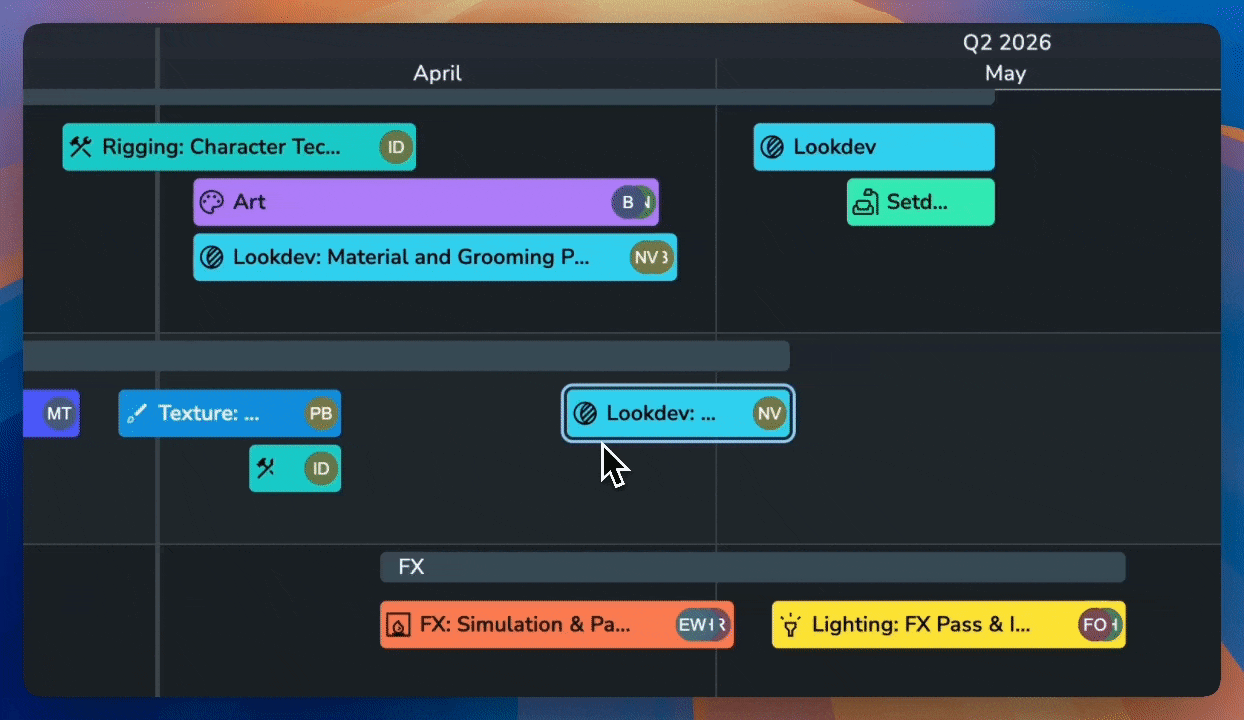 AYON Planner snapping interface detail. The screenshot demonstrates the "faded handle" mechanic where a selected event block being moved or resized displays a widened, semi-transparent highlight at its leading and trailing edges. As these handles approach the start or end boundary of an adjacent event on the same or a different track, the block automatically aligns to the neighboring edge. The visual focus is on the proximity-based magnetism between two color-coded blocks, illustrating precise temporal alignment without manual coordinate entry.