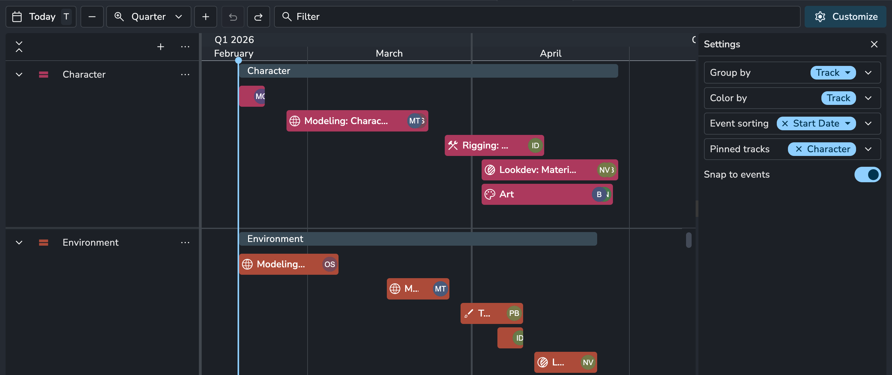 AYON Planner interface detail focusing on the "Settings" side panel for timeline customization. The panel includes dropdown menus for "Group by" and "Color by" (both set to Track), "Event sorting" (set to Start Date), and "Pinned tracks" (with Character pinned). A "Snap to events" toggle is enabled. The background timeline displays color-coded phase events such as "Modeling," "Rigging," and "Lookdev." The visual demonstrates the chronological "One Row Per Event" layout, where each event occupies a unique horizontal lane within its track, ordered by its specific start date to create a clear, stepped Gantt-style sequence.