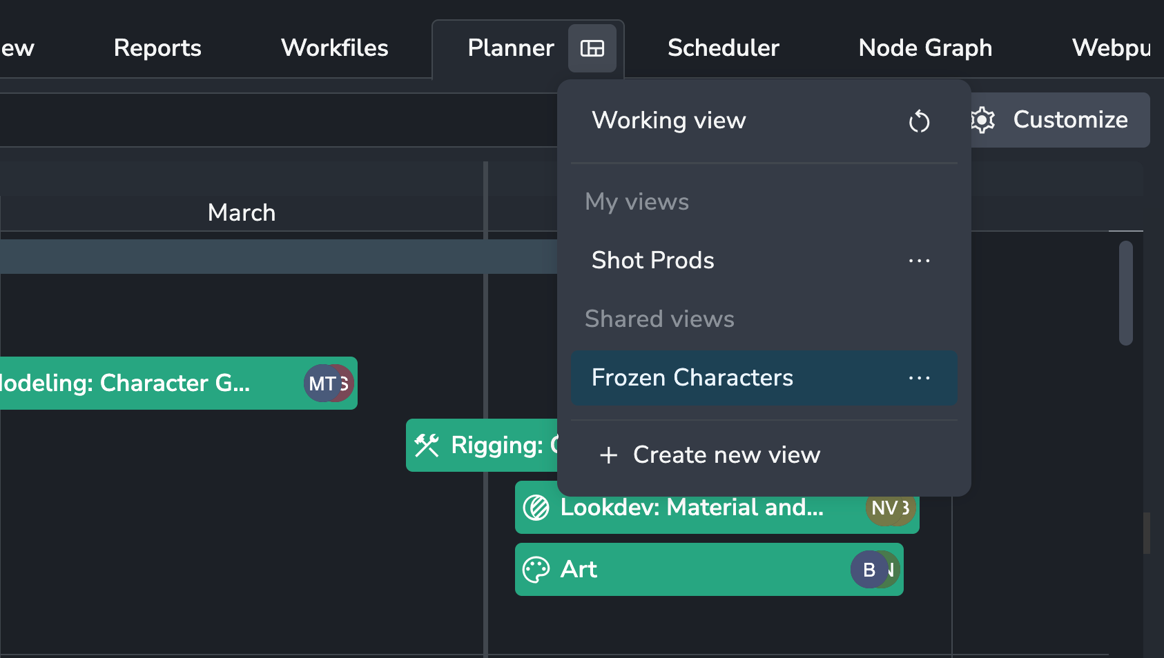 AYON Planner interface demonstrating the integration with the Views system. A dropdown menu is open from the toolbar, displaying the current "Working view" alongside a list of "My views" (e.g., Shot Prods) and "Shared views" (e.g., Frozen Characters). A "+ Create new view" option is visible at the bottom of the list.