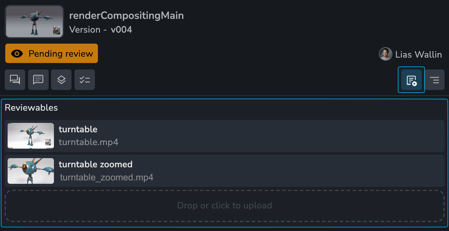 AYON Reviewables management panel for "renderCompositingMain v004" by Lias Wallin. Under the "Reviewables" header, two video files are listed with thumbnails: "turntable.mp4" and "turntable_zoomed.mp4". A dotted "Drop or click to upload" area is at the bottom. A blue box highlights the "Reviewables" list icon in the sidebar header.
