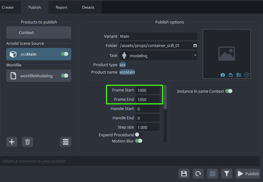Publish instance framerange