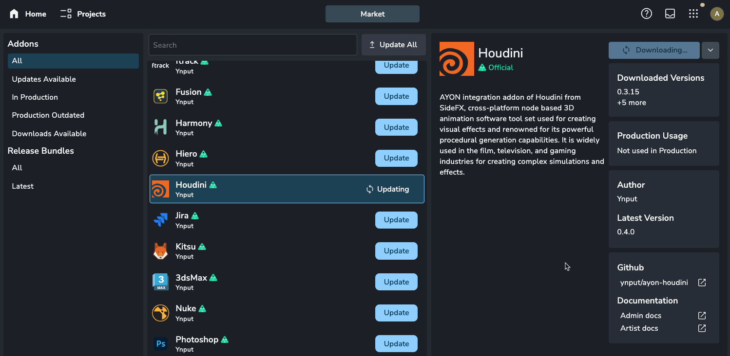 AYON Market release bundle install