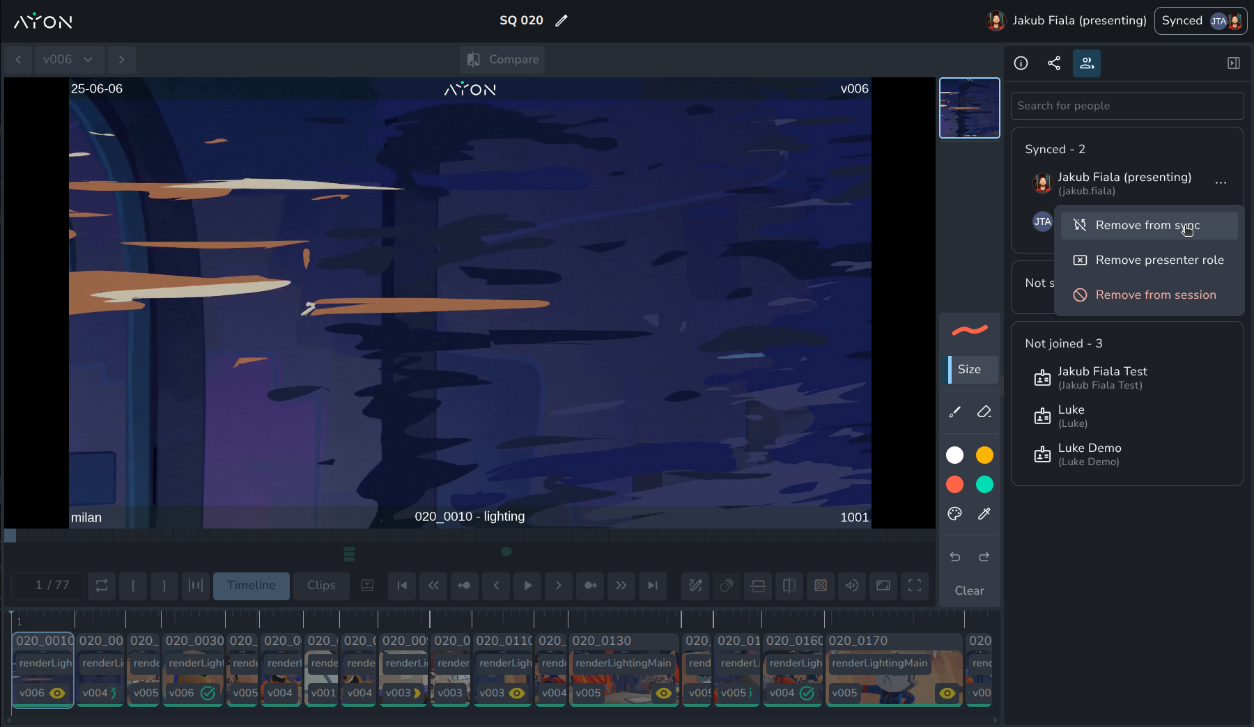 A screenshot of an open Review session with the People tab open. Next to the first user, the three dots menu is open and the cursor is hovering over the "Remove from sync" option. There are also "Remove presenter role" and "Remove from session" options below.