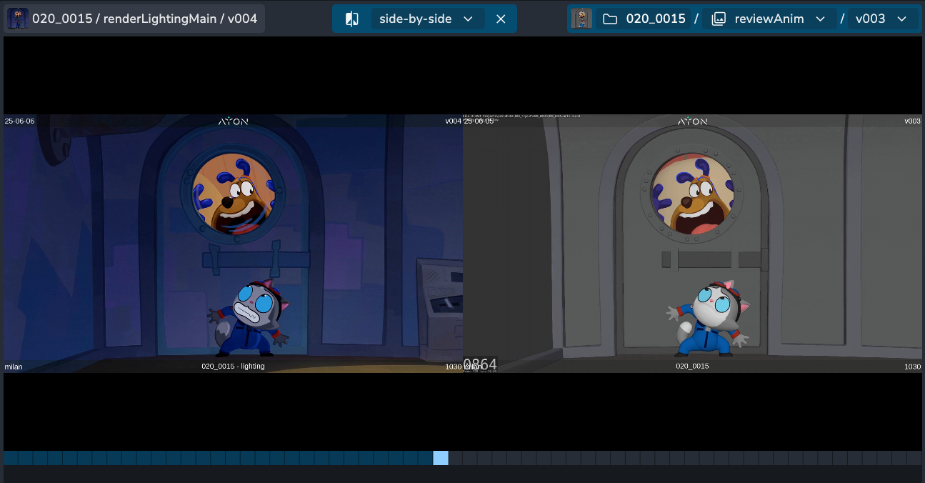 AYON Review Addon interface demonstrating the Side-by-Side comparison mode between two product versions. The UI features a dual-viewer layout with a central "side-by-side" dropdown selector active. The left pane displays version v004 of a lighting render (renderLightingMain) for shot 020_0015, while the right pane displays version v003 of an animation review (reviewAnim) for the same shot. Both viewers show synchronized frames of character assets (a dog in a porthole and a cat-like character in a blue suit) with technical metadata overlays including frame numbers (1030), version IDs, and department labels. A blue timeline at the bottom tracks the review session playback.