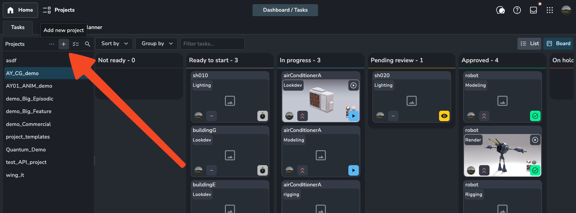 AYON Project dashboard sidebar and task board view featuring a red arrow pointing to the "Add new project" plus icon and tooltip, illustrating project creation within the Projects management interface.