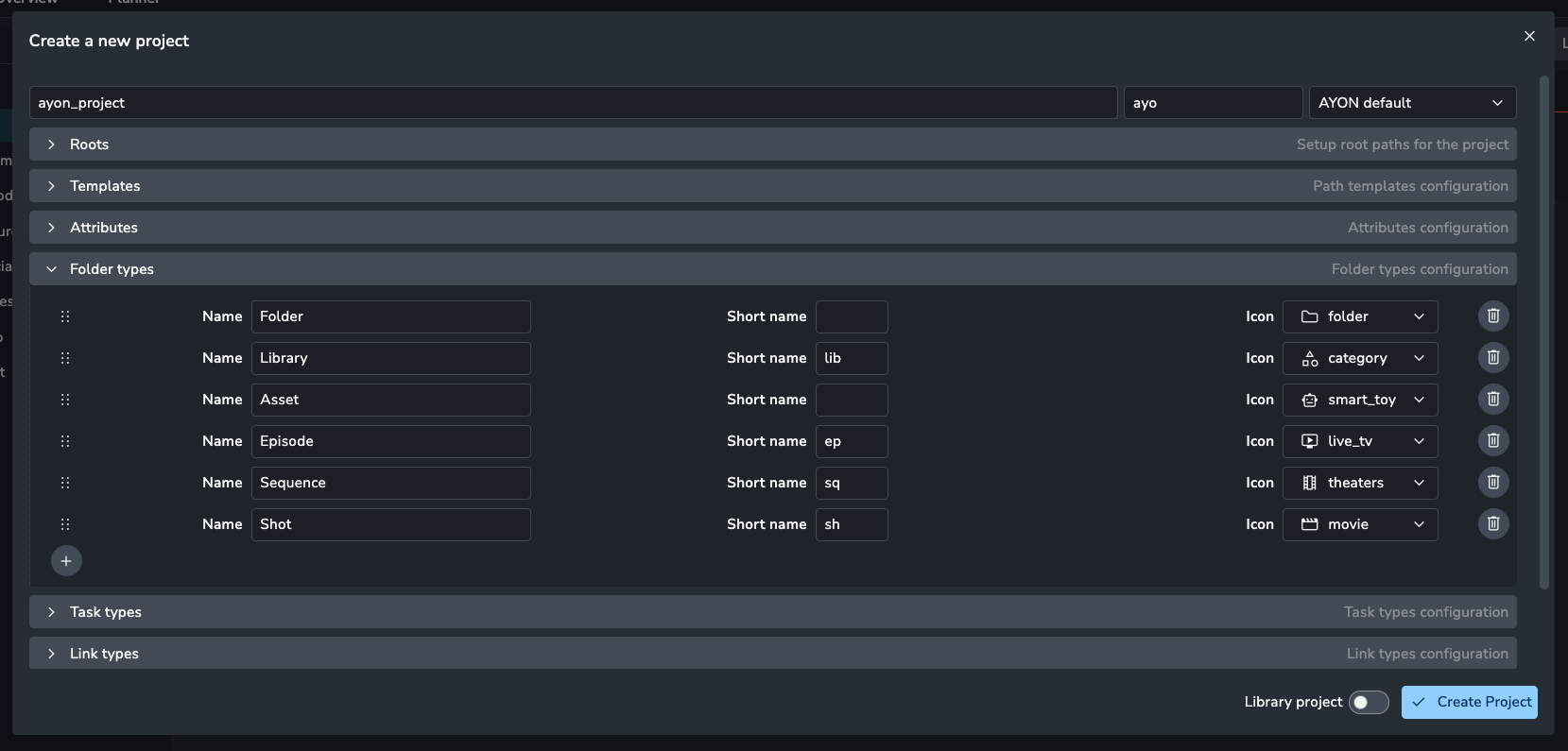 "Create a new project" modal interface demonstrating initial configuration of Project Name, Code, and Anatomy preset, with the "Folder types" section expanded to show default Folder, Library, Asset, Episode, Sequence, and Shot definitions.