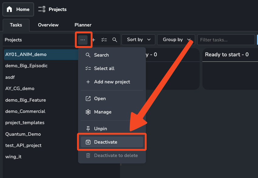 AYON Projects dashboard sidebar menu highlighting the project management context menu (three dots icon) and a red arrow pointing to the "Deactivate" action, demonstrating the workflow for deactivating an existing project within the project management interface.