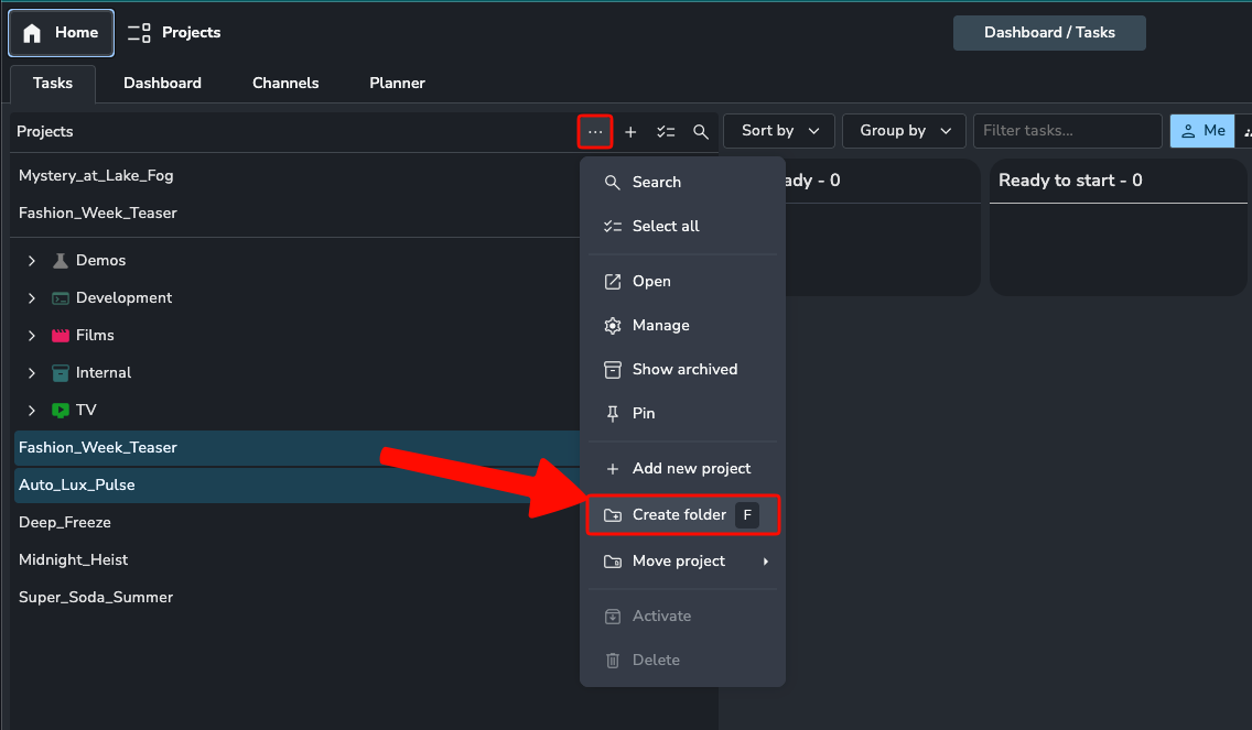 Two projects are selected and the projects action menu is open showing a list of actions. The "Create Folder" action is highlighted indicating this is how to create a new Project folder.