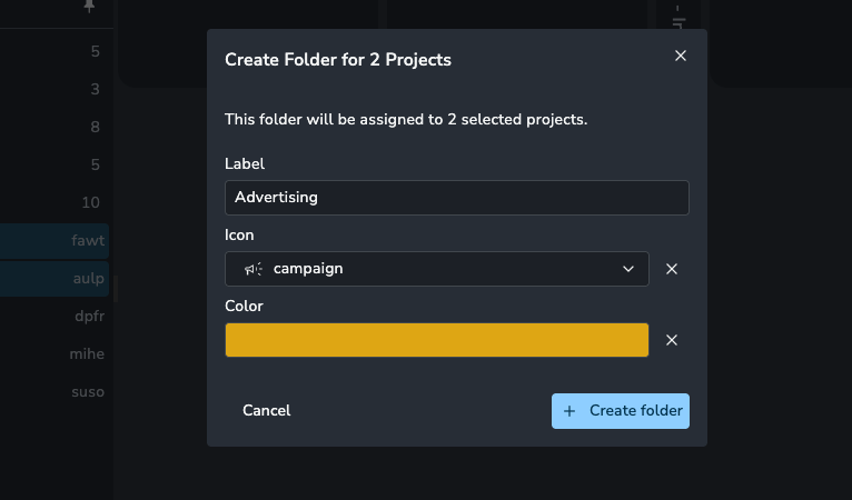 A dialog showing the creation form of a new project folder. The folder is called "advertising" the icon is a "loud speaker" and the colour a bright yellow.