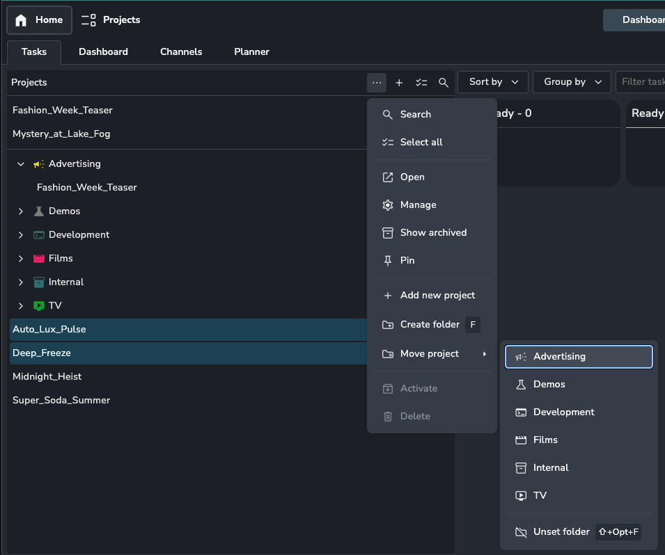 Two projects are selected and the projects actions menu it open showing the projects are being added the advertising folder.