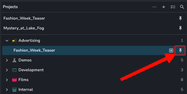 A list of projects with one project selected showing the pin action