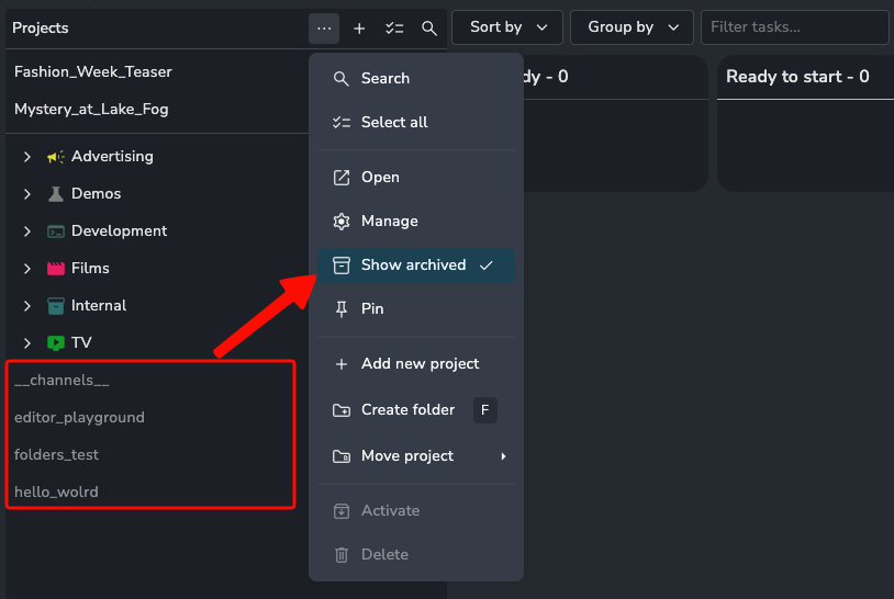 AYON Projects dashboard sidebar menu highlighting the project management context menu (three dots icon) and a red arrow pointing to the "Show archived" action , demonstrating the workflow for displaying deactivated projects which appear greyed out in the sidebar list.