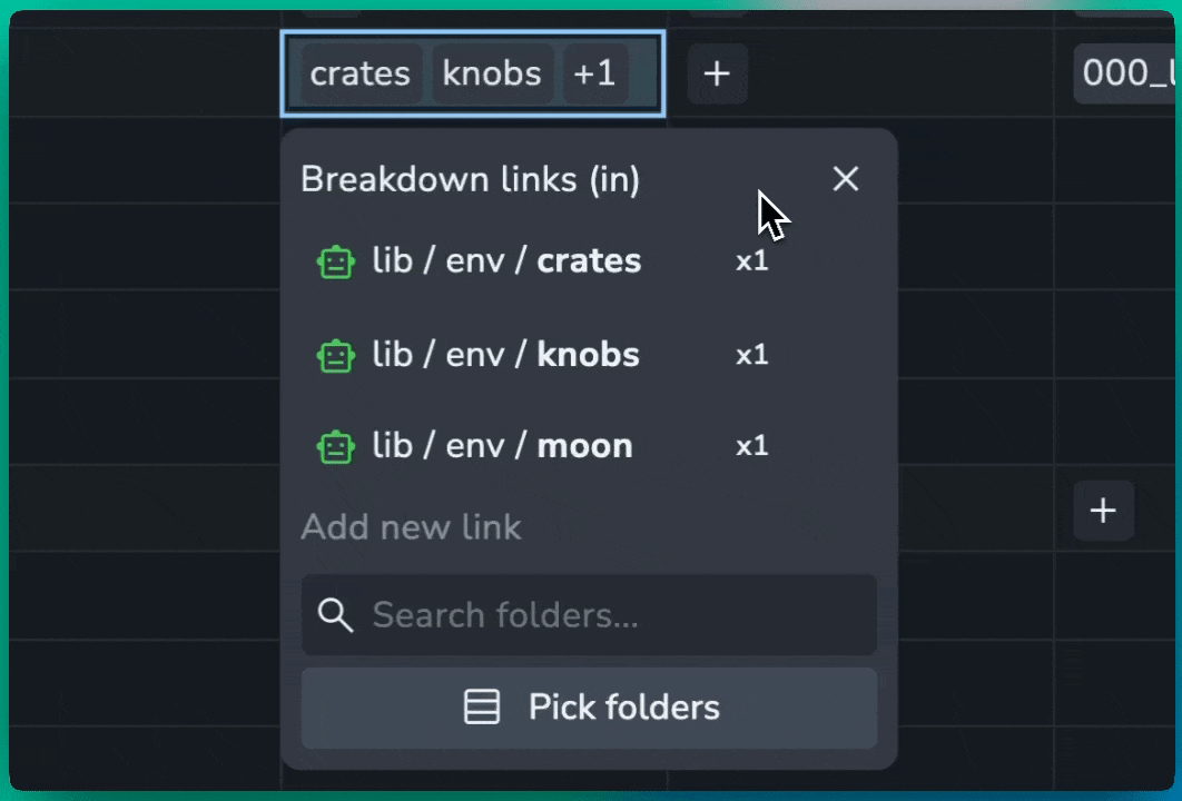 AYON Links Manager "Breakdown links (in)" pop-over menu. The interface displays three existing asset links: "lib / env / crates" (x5), "lib / env / knobs" (x10), and "lib / env / moon" (x1). A mouse cursor is hovering over the quantity "10" for the "knobs" asset, which is highlighted with an active editing box. The bottom of the modal contains an "Add new link" section with a "Search folders..." input and a "Pick folders" button.