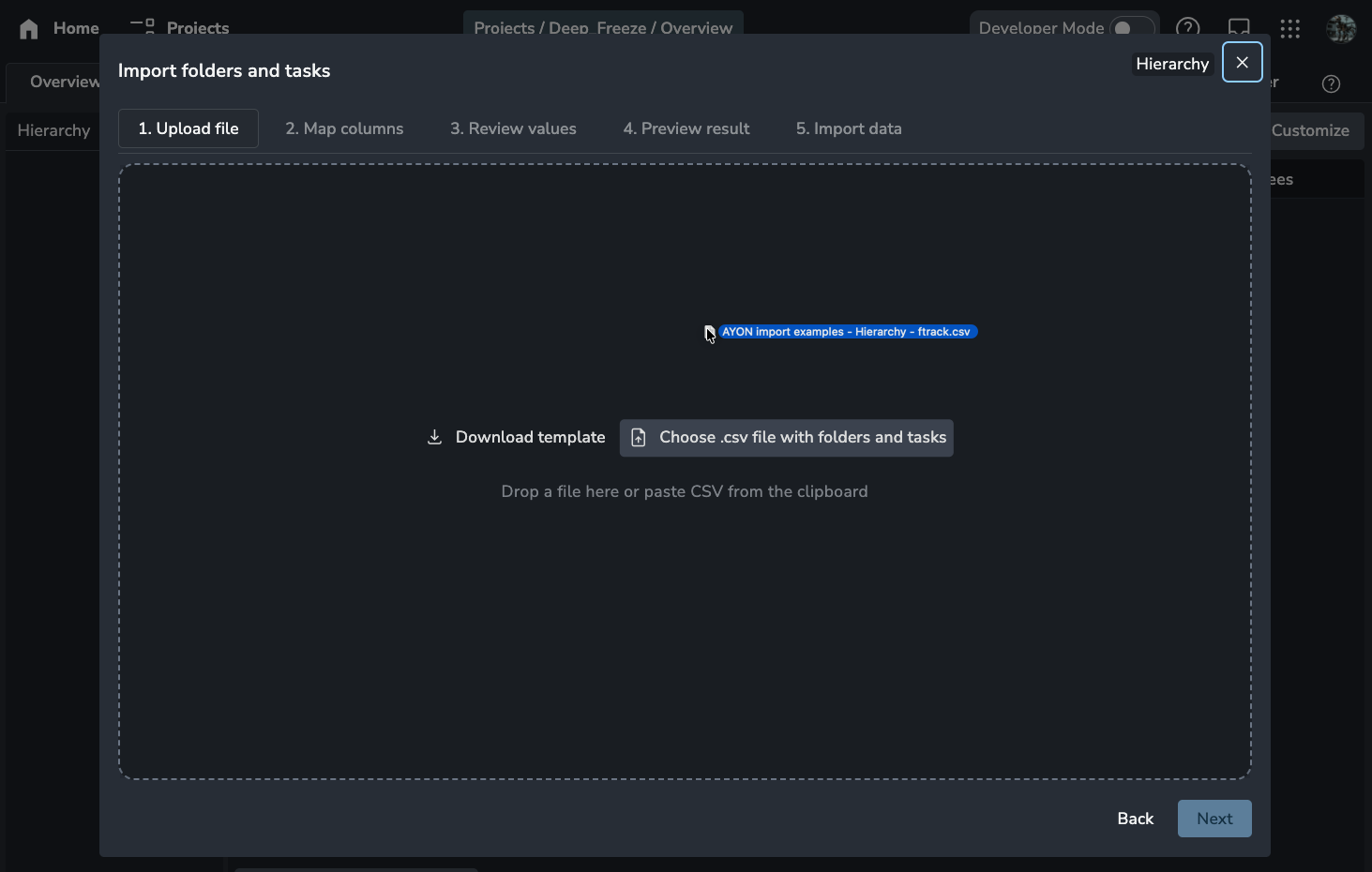 AYON CSV Import modal Step 1 "Upload file" showing a central drop zone with buttons for "Download template" and "Choose .csv file with folders and tasks" and a cursor dragging a CSV file named "AYON import examples - Hierarchy - ftrack.csv".