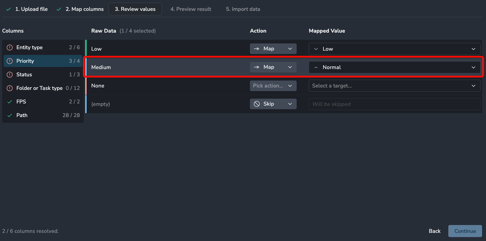 AYON CSV Import modal Step 3 "Review values" for the "Priority" column. A red highlight box shows a row where the raw data value "Medium" is being manually mapped to the AYON target value "Normal" using a dropdown menu.