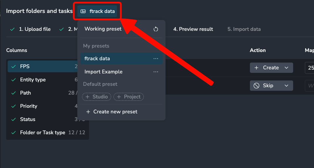 AYON CSV Import preset management interface showing a red arrow pointing to the "ftrack data" preset selector button at the top. The open dropdown menu displays "Working preset", a "My presets" list containing "ftrack data" and "Import Example", and "Default preset" options for Studio and Project scopes, with a "Create new preset" action at the bottom.