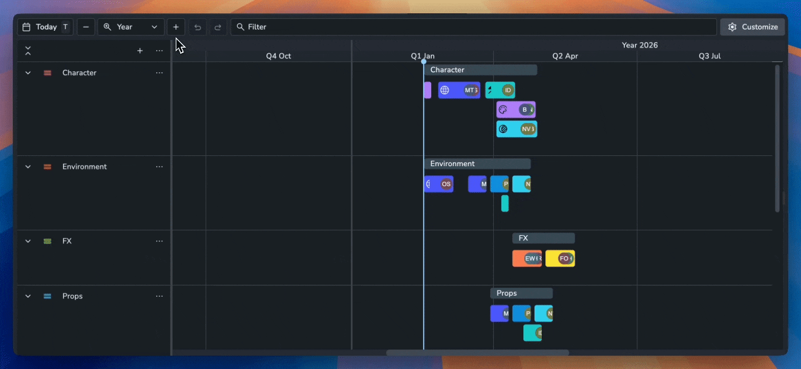 AYON Planner zooming interface details. The top toolbar contains a zoom level dropdown menu currently set to "Year," with options for Day, Week, Month, Quarter, and Year. Interactive interval headers across the top of the timeline (e.g., "2025", "Q4 Oct", "Feb 2026") are highlighted as clickable elements for drill-down navigation. he UI provides visual feedback for temporal granularity, shifting from broad quarterly blocks to specific monthly and daily columns based on the selected zoom scale.