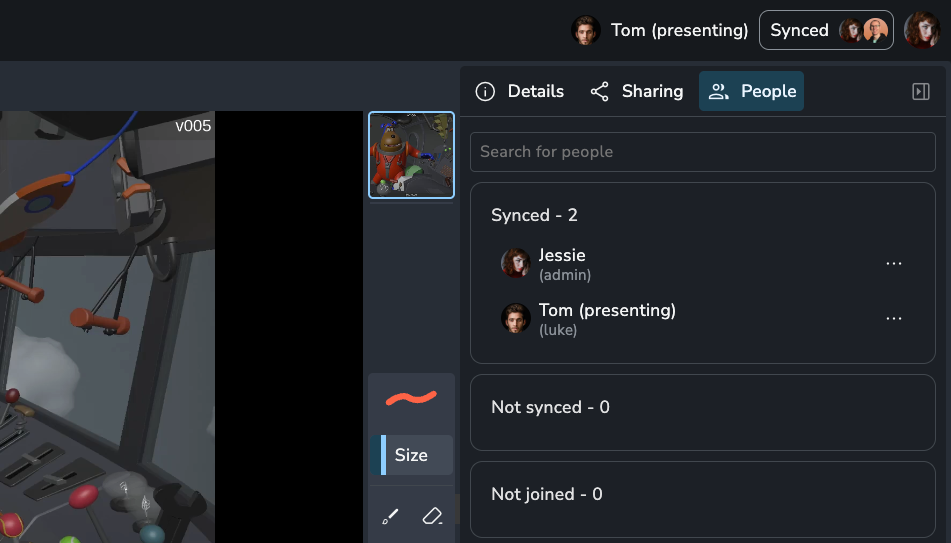 AYON Review interface showing an active Sync Session with a designated presenter. Top navigation bar displays "Tom (presenting)" next to a blue "Synced" status badge. The right-side "People" panel confirms the synchronized state with a "Synced - 2" header, listing "Jessie (admin)" and "Tom (presenting, luke)".