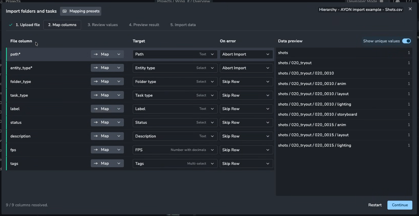 AYON Web UI Import folders and tasks interface showing step 2 Map columns. CSV file column path and entity_type are mapped to target Path and Entity type with Abort Import error handling. Other columns like folder_type, status, and description are mapped with Skip Row error handling. Right pane displays a Data preview of the shots hierarchy from the Shots.csv file.