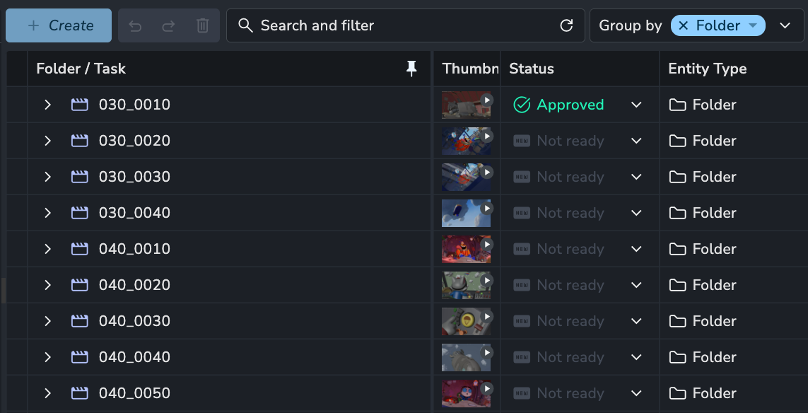 AYON tasks grouped by their parent folder. In this example each folder is a shot like 030_0010 through 040_0050