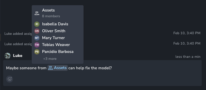 AYON Activity Feed comment editor demonstrating team mentions. A popover menu for the Assets team shows 8 members including Isabella Davis and Oliver Smith. The message box contains the text "Maybe someone from @Assets can help fix the model?" with the Assets team tag highlighted as a blue UI pill element.