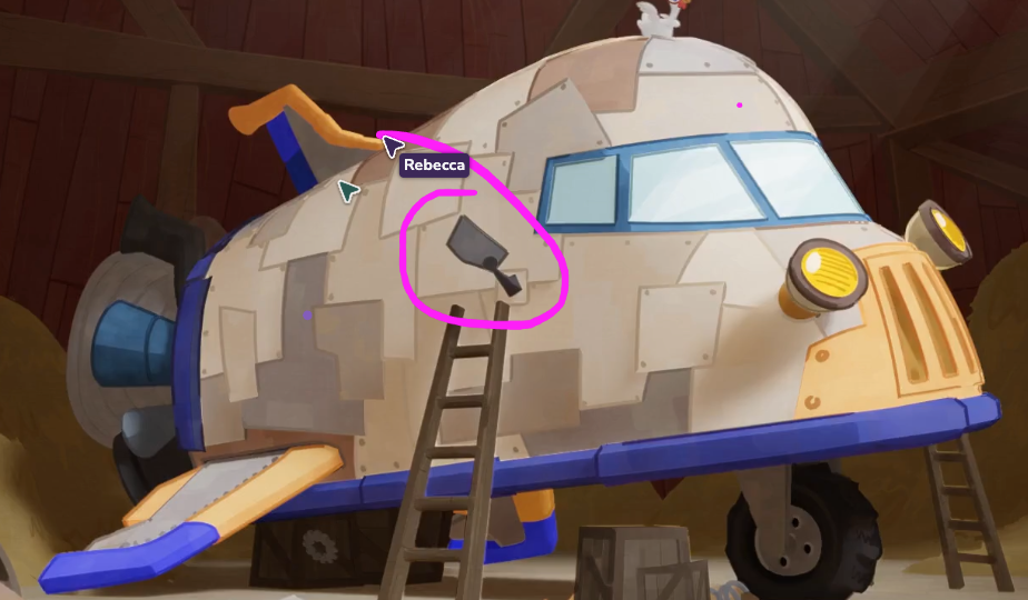 AYON Review interface showing the laser pointer and real-time collaboration feature. A magenta circle annotation highlights a detail on a 3D shuttle asset inside a barn environment. A user cursor labeled "Rebecca" is visible at the start of the annotation stroke. The screenshot demonstrates the temporary drawing capability where brush color is mapped to the specific user for clear differentiation during live sync reviews.