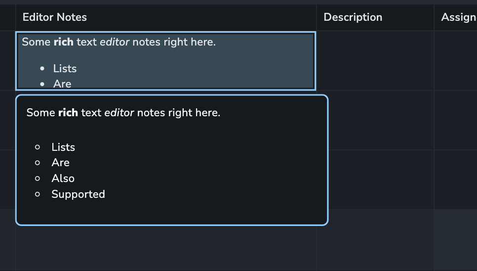 Long rich text attribute displayed in an AYON table cell, showing expanded rich-text editor content with formatted text and bulleted lists. Highlighted example demonstrates support for multi-line notes, rich text formatting, and extended text fields within custom attributes.