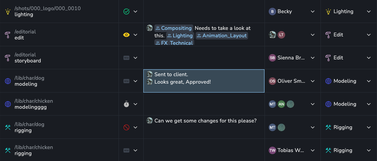 Entity table displaying inline comment previews within a dedicated comments column. Multiple recent comments are visible directly in the table row, including review feedback, approvals, mentions, and client notes, allowing users to browse the latest activity without opening the details panel.