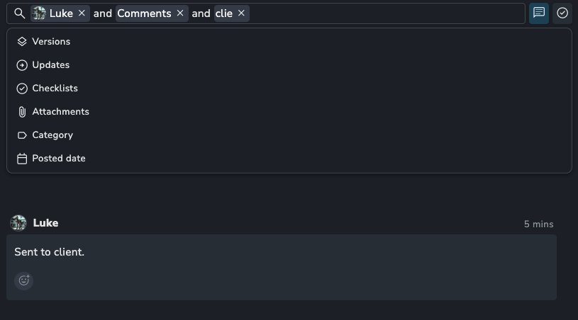 Activity feed advanced filter bar with token-based search filters for author, comment text, and content type. Expanded filter menu provides additional criteria including versions, updates, checklists, attachments, categories, and posted date, enabling precise filtering and discovery of activity feed entries.