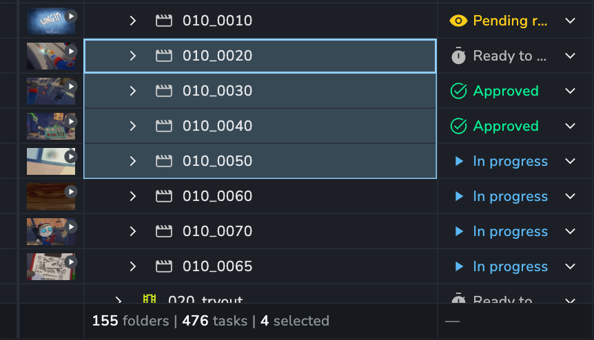Data table view with multiple rows selected, highlighting the bottom footer summary bar that displays total folder and task counts alongside the selection indicator reading "155 folders | 476 tasks | 4 selected".