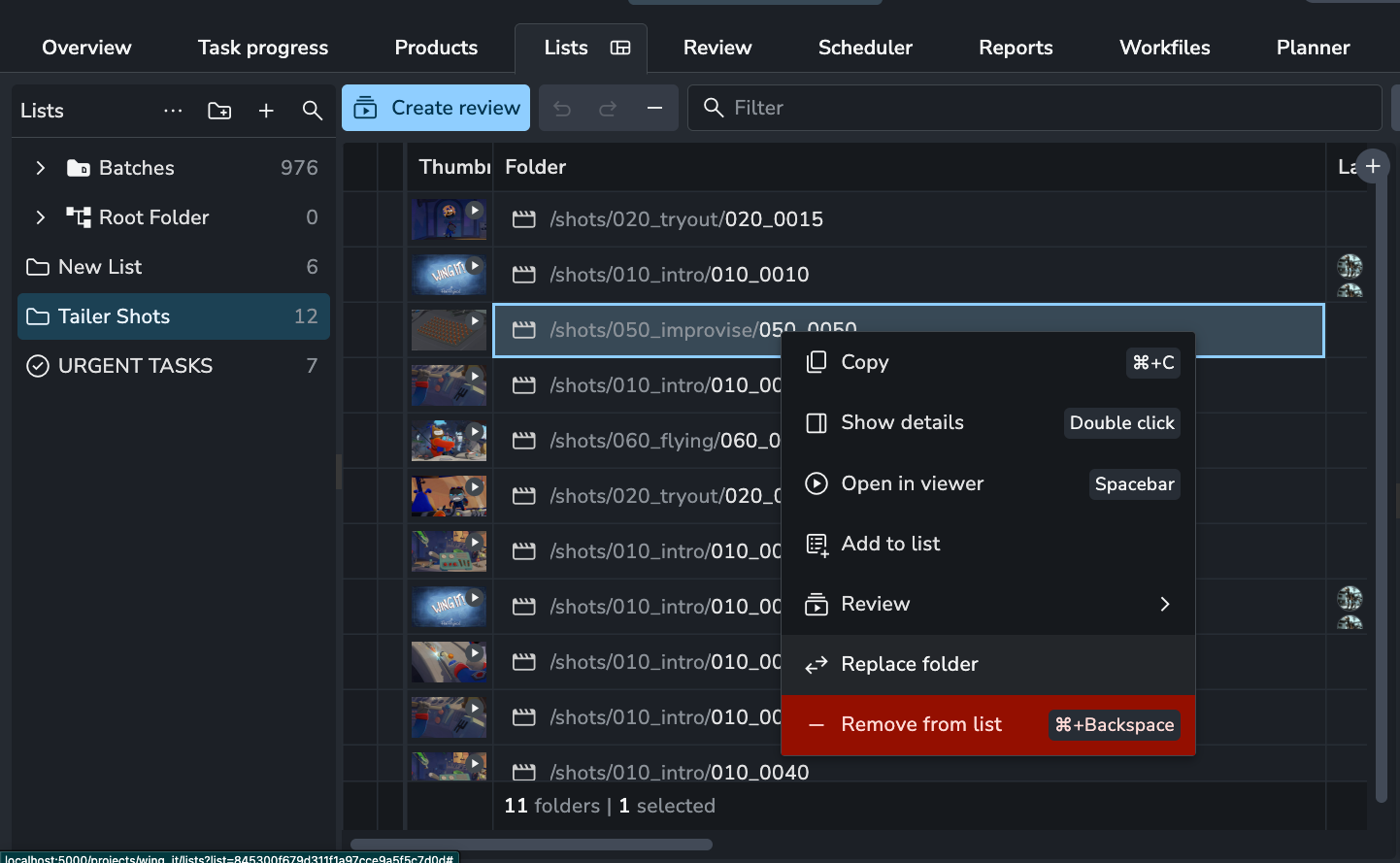 Project Lists page with a context menu open on a selected folder entity "/shots/050_improvise/050_0050" within the "Tailer Shots" list. The context menu displays various list management actions with focus on the "Replace folder" option.