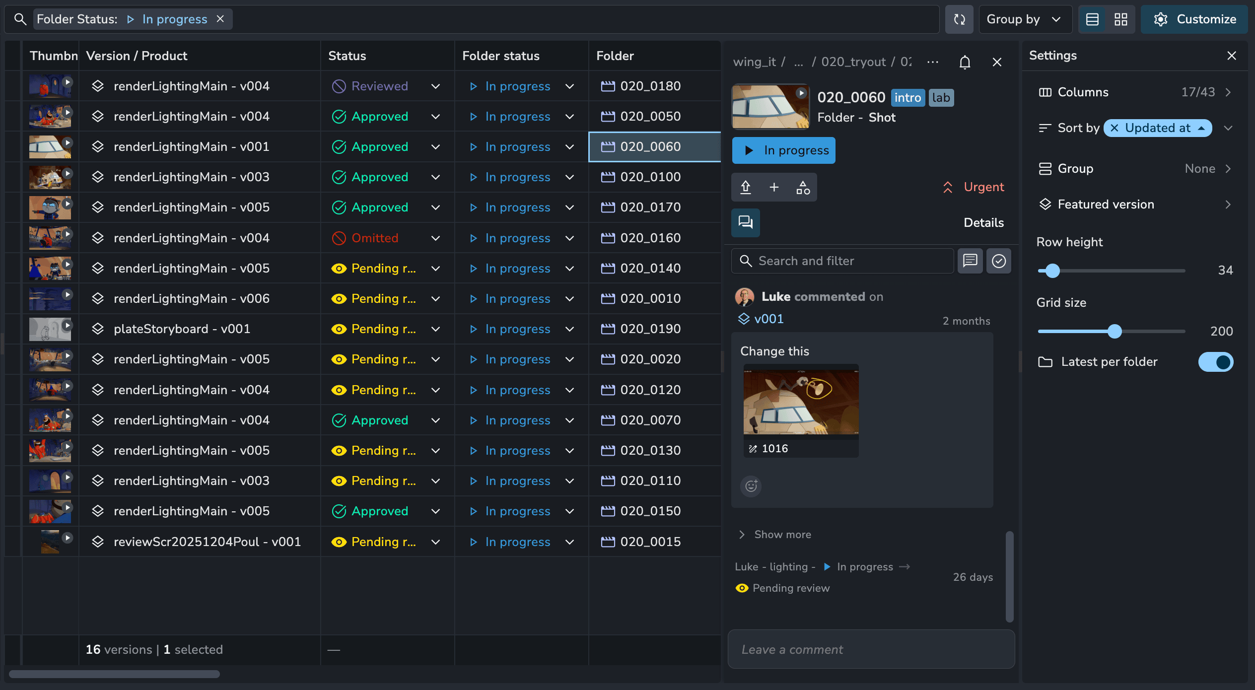 The Products page showing versions filtered by Folder status: In progress and Latest per folder. The table shows version rows with the Status, Folder Status and Folder Entity columns. A details panel is open of versions parent folder.
