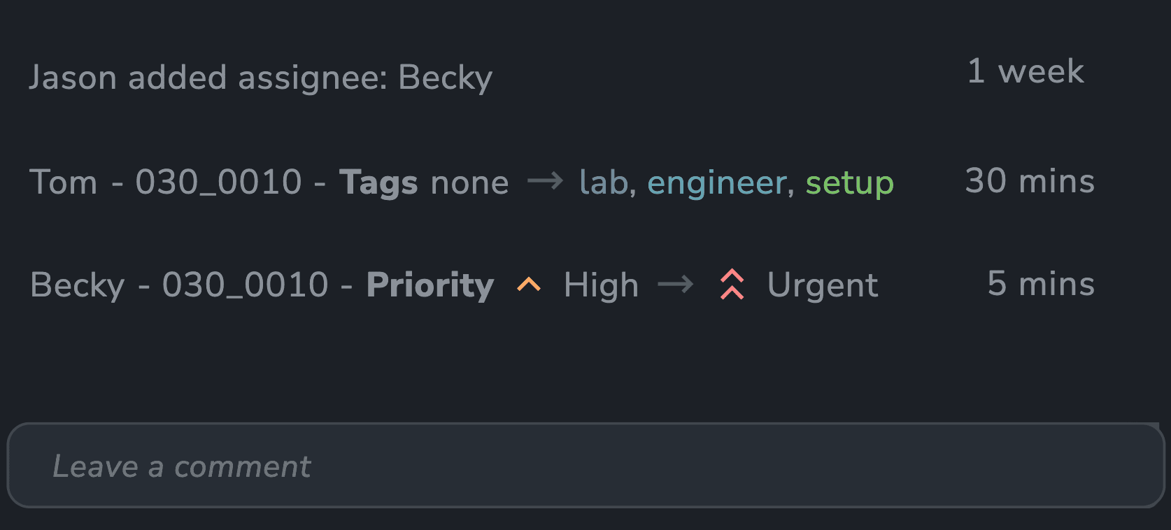 A cross section of the activity feed showing attribute updates. Tom has changed the tags 30 mins ago and Becky has changed the priority from High to Urgent 5 mins ago