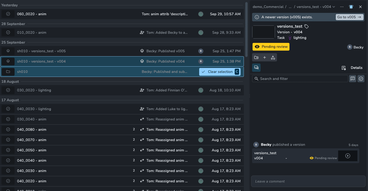 AYON web interface displaying an Inbox notification panel for version versions_test - v004 under shot sh010, highlighting a notification banner indicating a newer version (v005) exists with a direct button to navigate to v005.