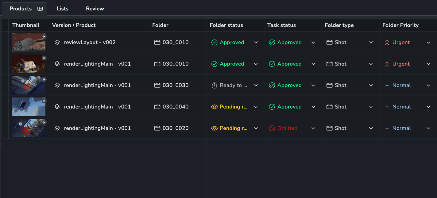 AYON Products page table view displaying parent folder and task columns (Folder, Folder status, Task status, Folder type, and Folder Priority) alongside version entities.