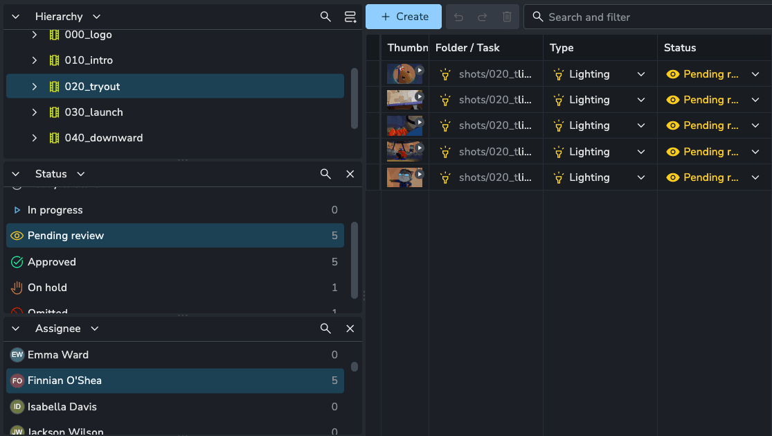 AYON Slicer panel split into stacked multi-slicing panels for Hierarchy (020_tryout), Status (Pending review), and Assignee (Finnian O'Shea), filtering the task list table to matching items.