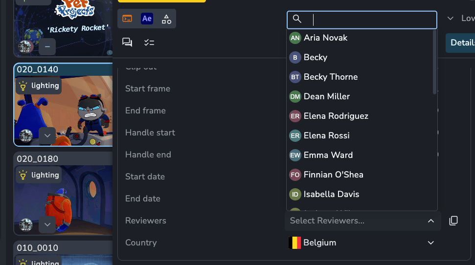 AYON attribute editor panel overlaying a shot detail view, displaying the Reviewers dropdown menu open with a searchable list of studio users and country selection.