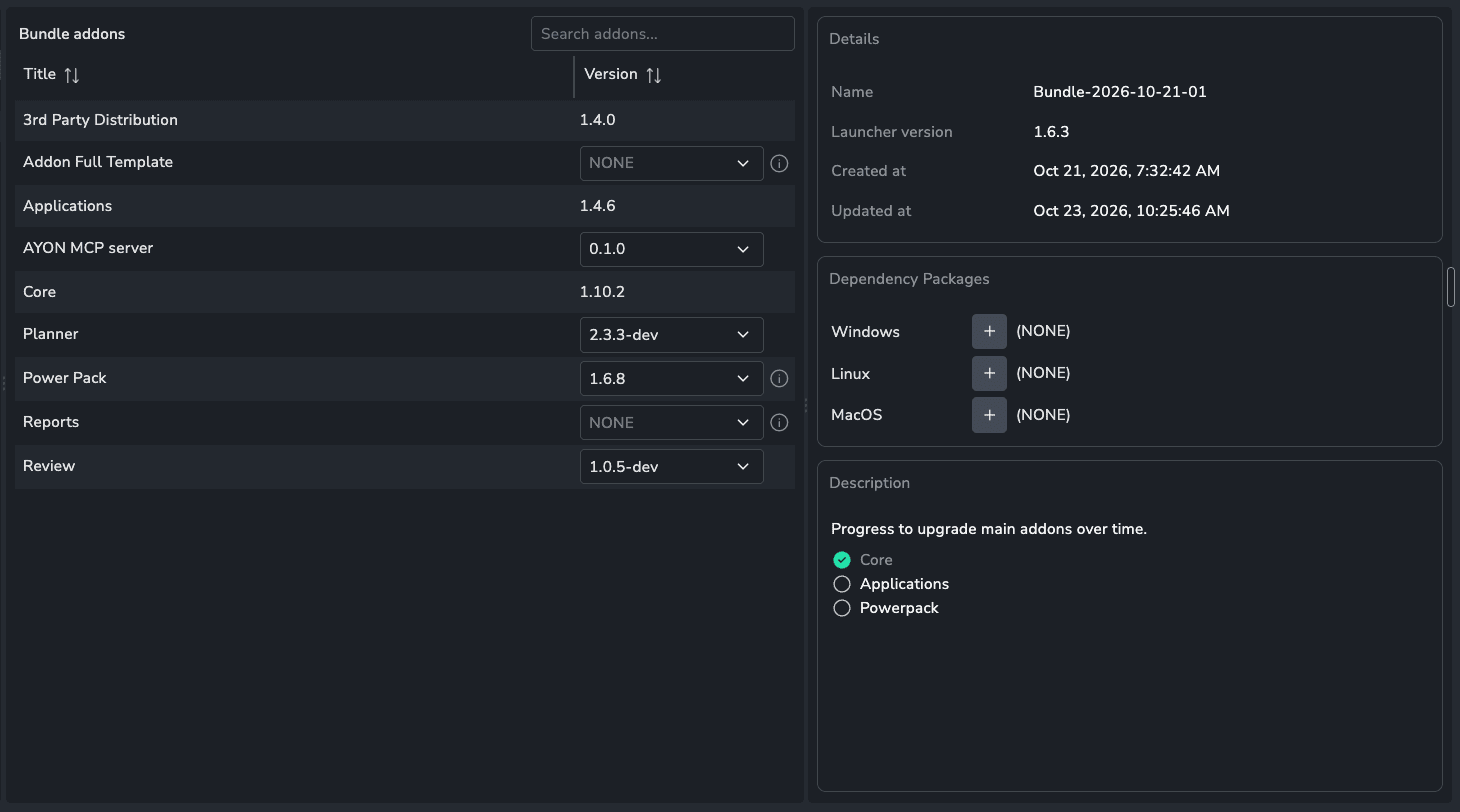 Bundles page showing a bundle with addons, bundle details and a description about a bundle using the checkboxes.